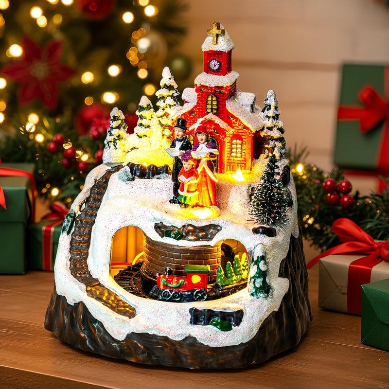 MXwcy Animated Christmas Village Decoration – Lighted Church Choir & Moving Train on Snowy Mountain – Holiday Collectible Statue Centerpiece - Image 1